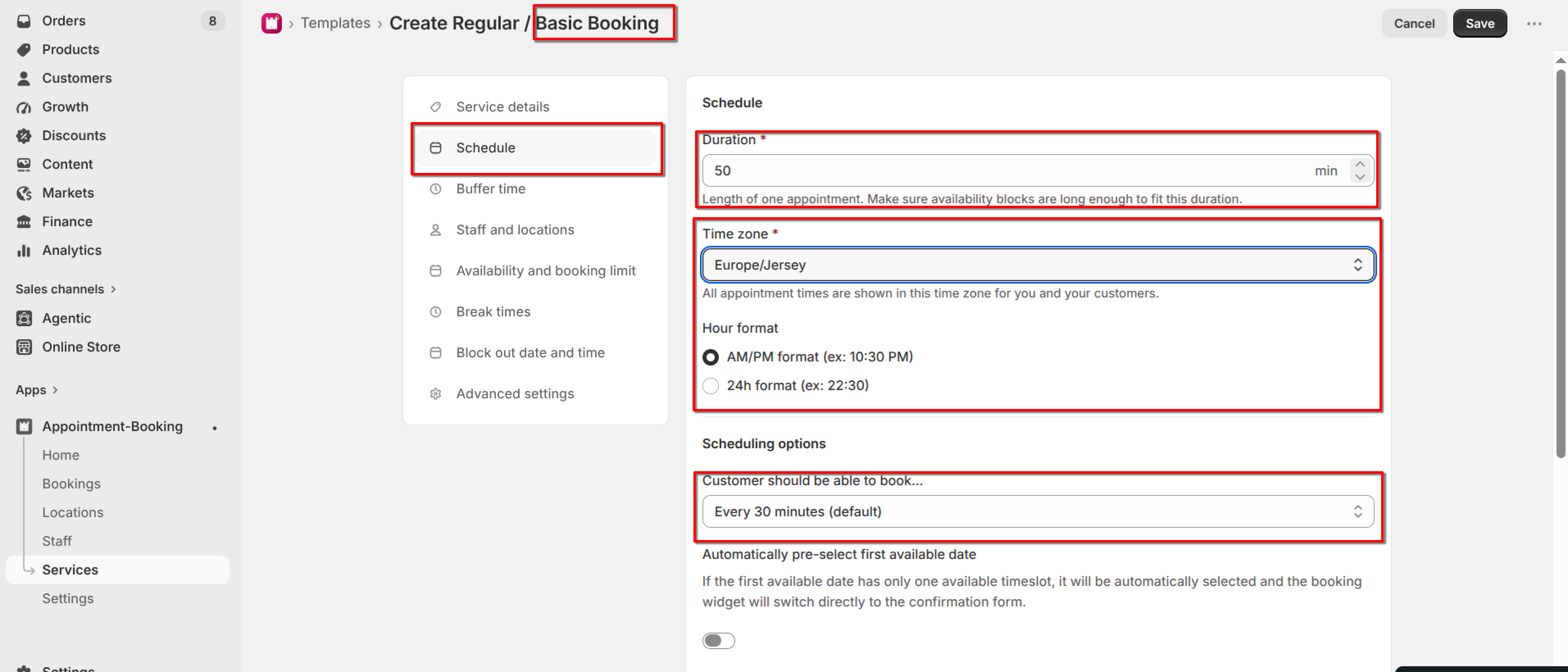 Schedule tab for a Regular / Basic Booking service with Duration, Time zone, Hour format, and "Customer should be able to book" fields highlighted
